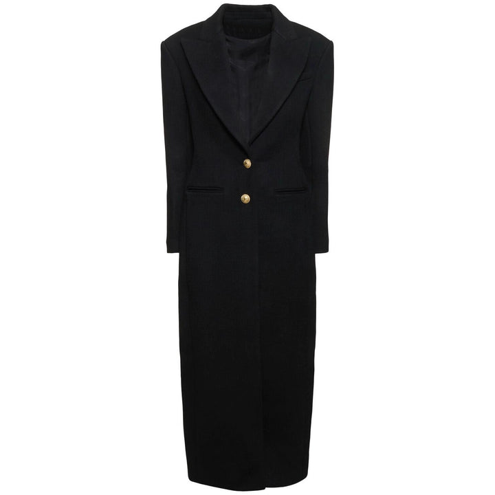 Damen Maxi-Mantelkleid mit markanter Schulterpartie und goldenen Zierknöpfen Drune