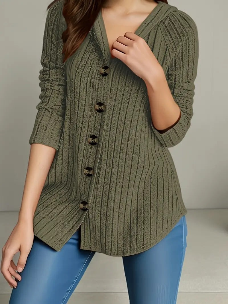 Damen nan kaschierender gerippter Strickcardigan mit V-Ausschnitt und dekorativen Knöpfen Drune