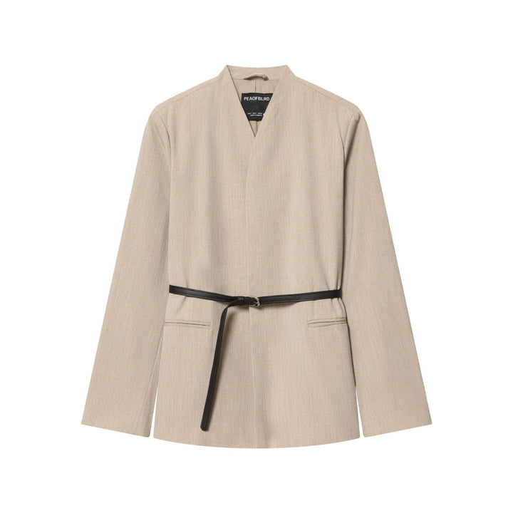 Damen nan taillierter kragenloser Blazer mit V-Ausschnitt und dünnem Ledergürtel Drune