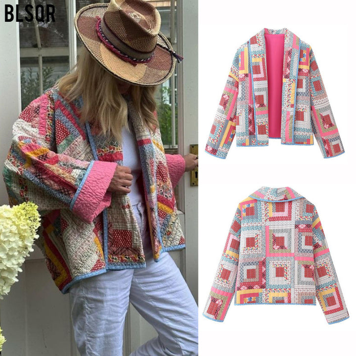 Damen Patchwork-Kimono-Jacke mit lockerer Cropped-Silhouette Drune