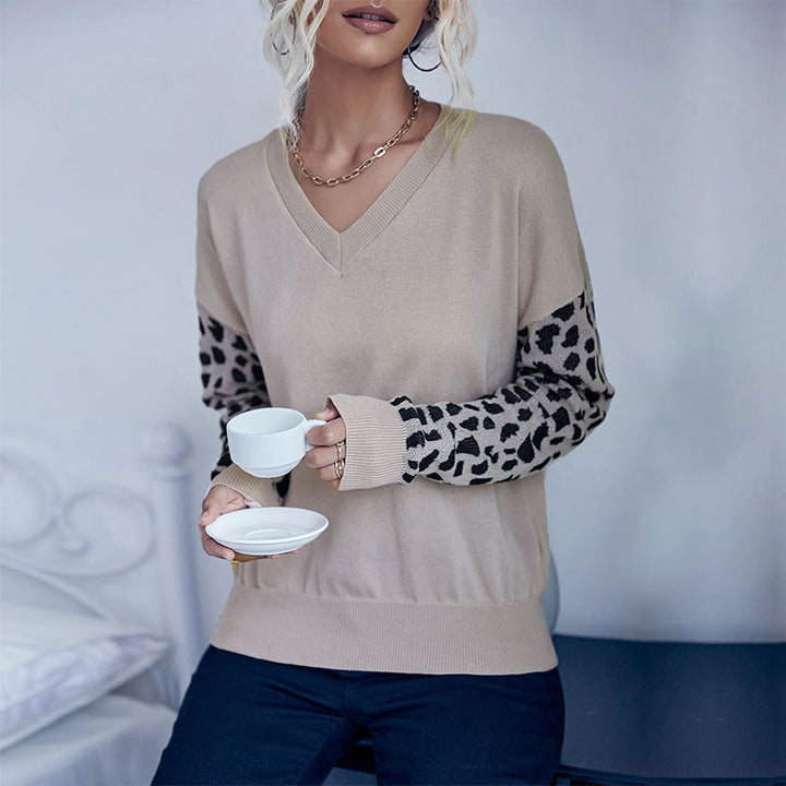 Damen V‑Ausschnitt-Feinstrickpullover mit Animal-Motivärmeln und elastischem Saum Drune