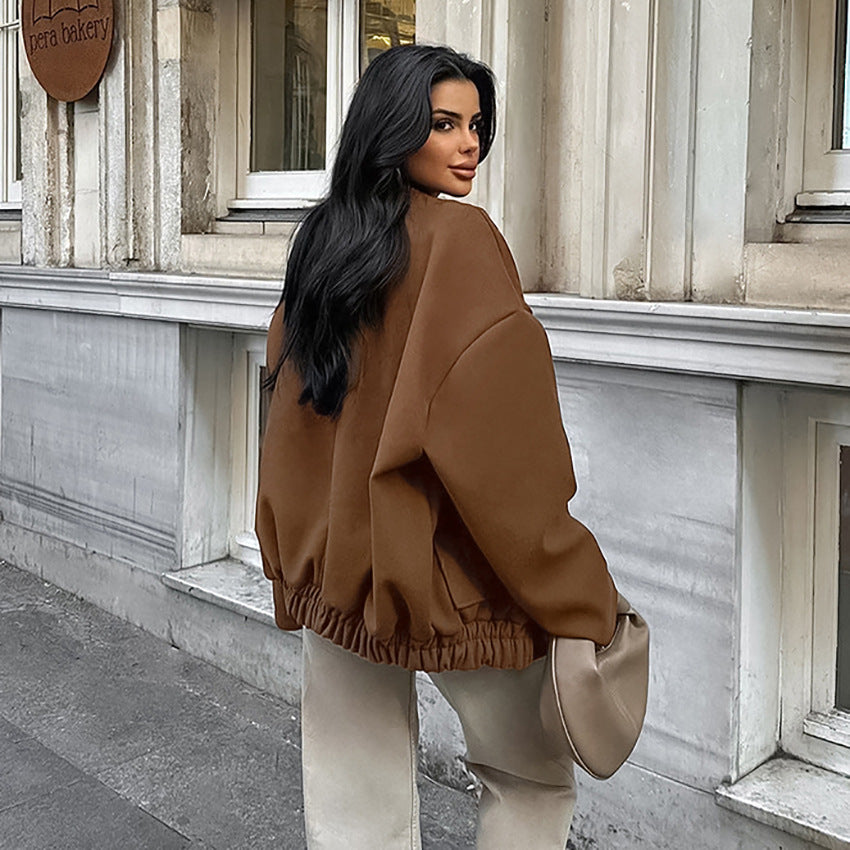 Damen Oversized Fleece-Jacke mit Druckknopfverschluss und seitlichen Taschen Drune