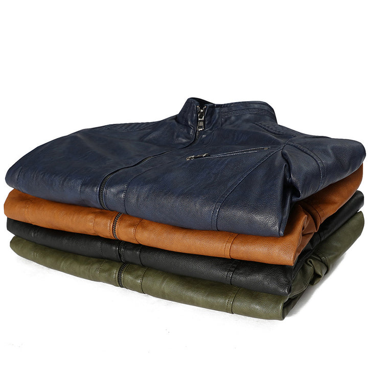 Herren Kunstleder-Motojacke mit Stehkragen, Schultersteppungen und Reißverschlusstaschen Drune