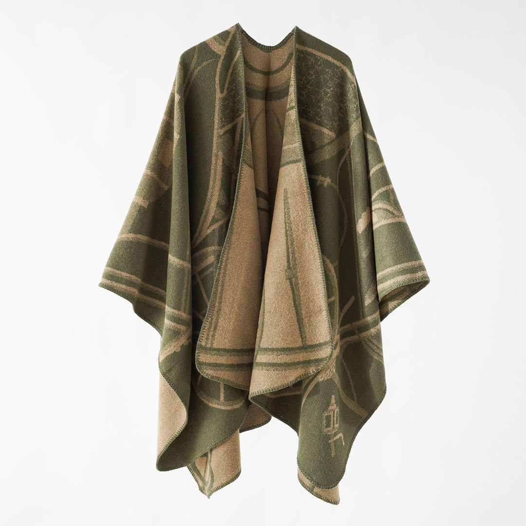 Damen Wollmix-Reversible Cape mit grafischem Jacquard und offenem Kimonofall Drune