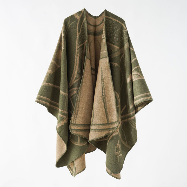 Damen Wollmix-Reversible Cape mit grafischem Jacquard und offenem Kimonofall Drune