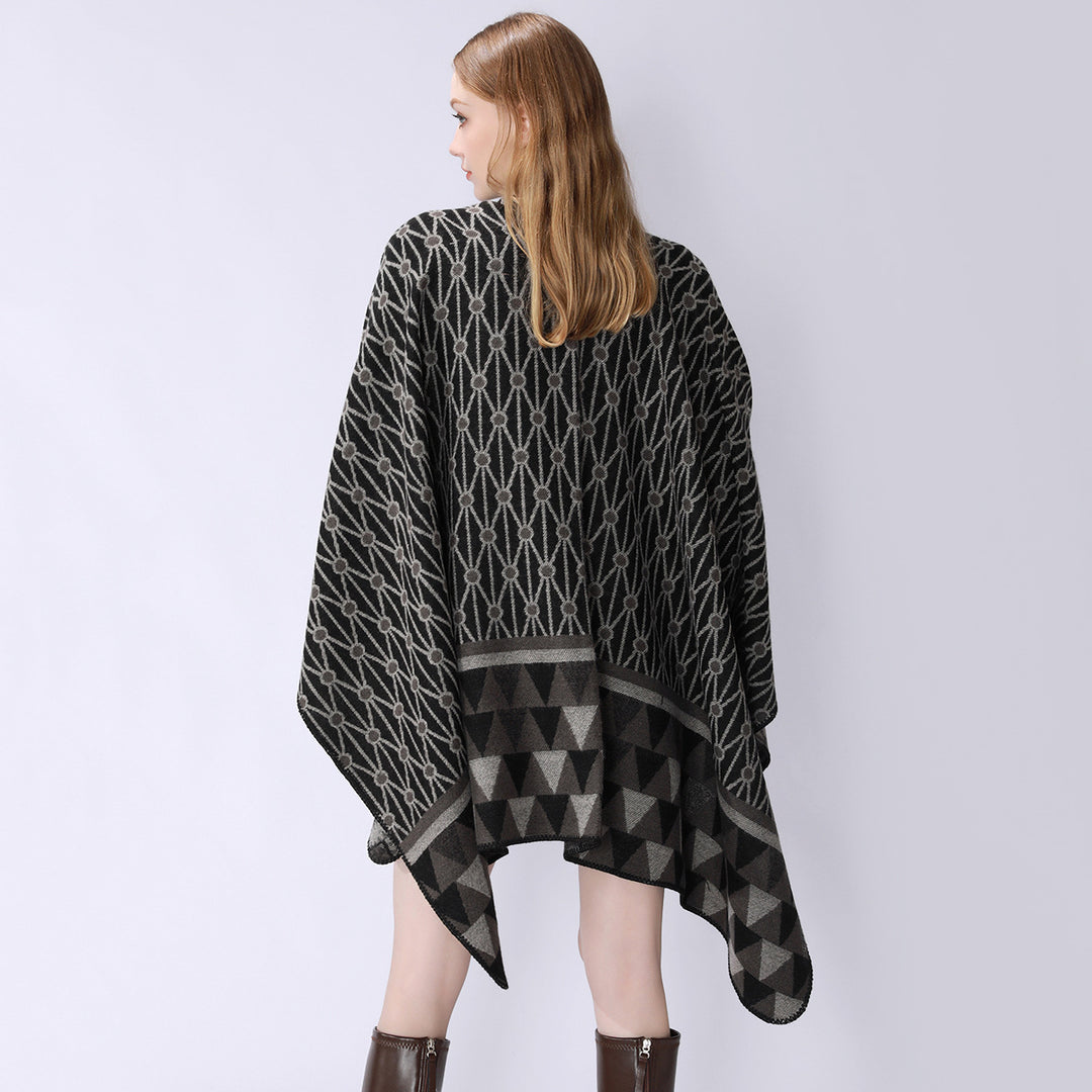 Damen Strukturiertes Jacquard-Poncho-Überwurf mit grafischem Ethno-Muster und offenem Kimono-Fall Drune