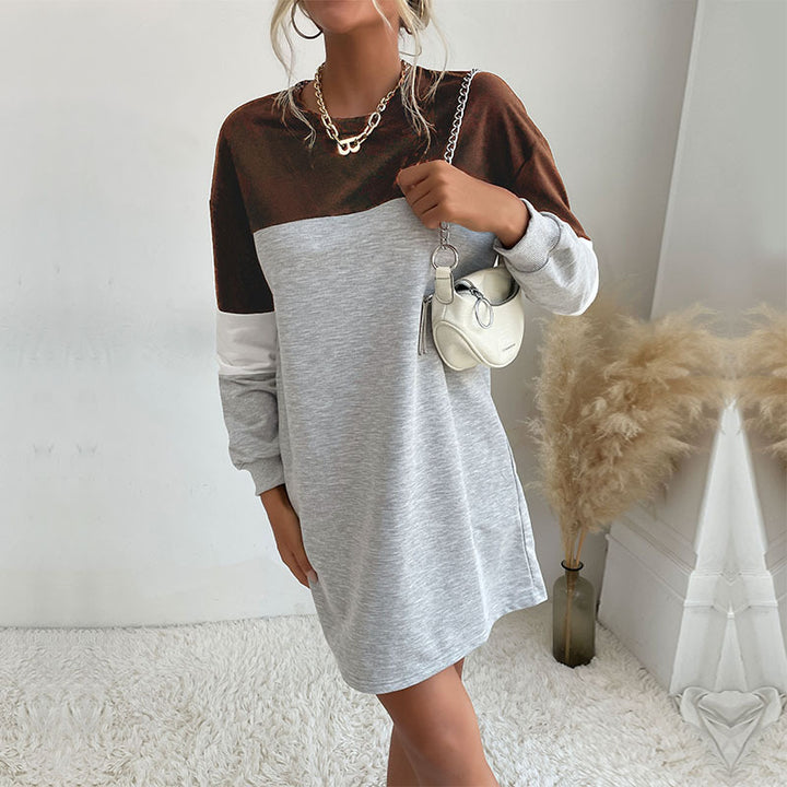 Damen Kurz geschnittenes Colorblock-Sweatshirtkleid aus Baumwollmix mit Rundhalsausschnitt Drune