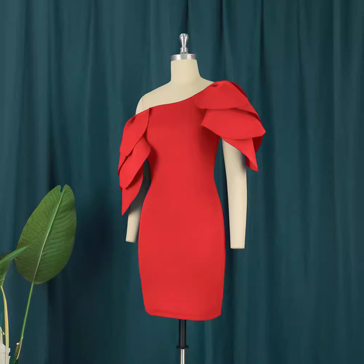 Damen Figurbetontes Kleid mit asymmetrischem Rüschen-Ausschnitt Drune
