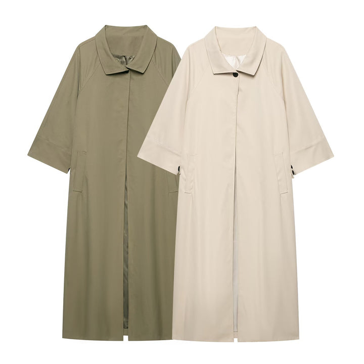 Damen Leichter langer Trenchcoat mit dreiviertelweiten Ärmeln und verdeckter Knopfleiste Drune
