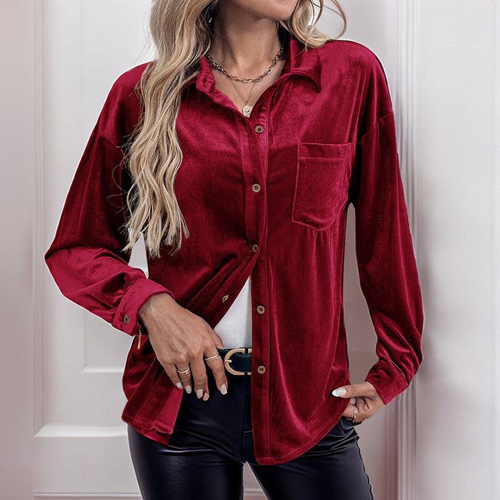 Damen Velours-Hemdbluse mit Brusttasche und klassischem Kragen Drune