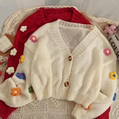 Damen kuschelige Strickjacke mit verspielten Blumenapplikationen Drune