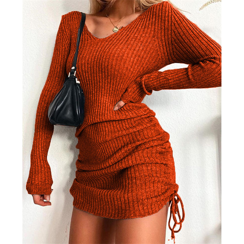 Damen Figurbetontes Rippstrick-Minikleid mit langen Ärmeln und seitlicher Raffung Drune