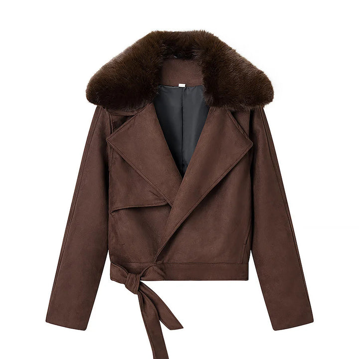 Damen nan kurze Veloursoptik-Jacke mit breitem Teddykragen und Bindegürtel Drune