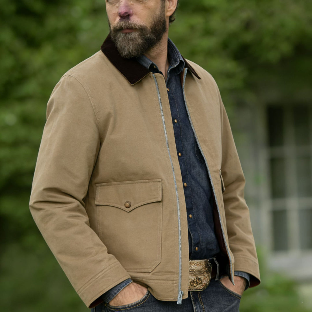 Herren robuste Canvas-Fieldjacke mit Cordkragen und aufgesetzten Pattentaschen Drune