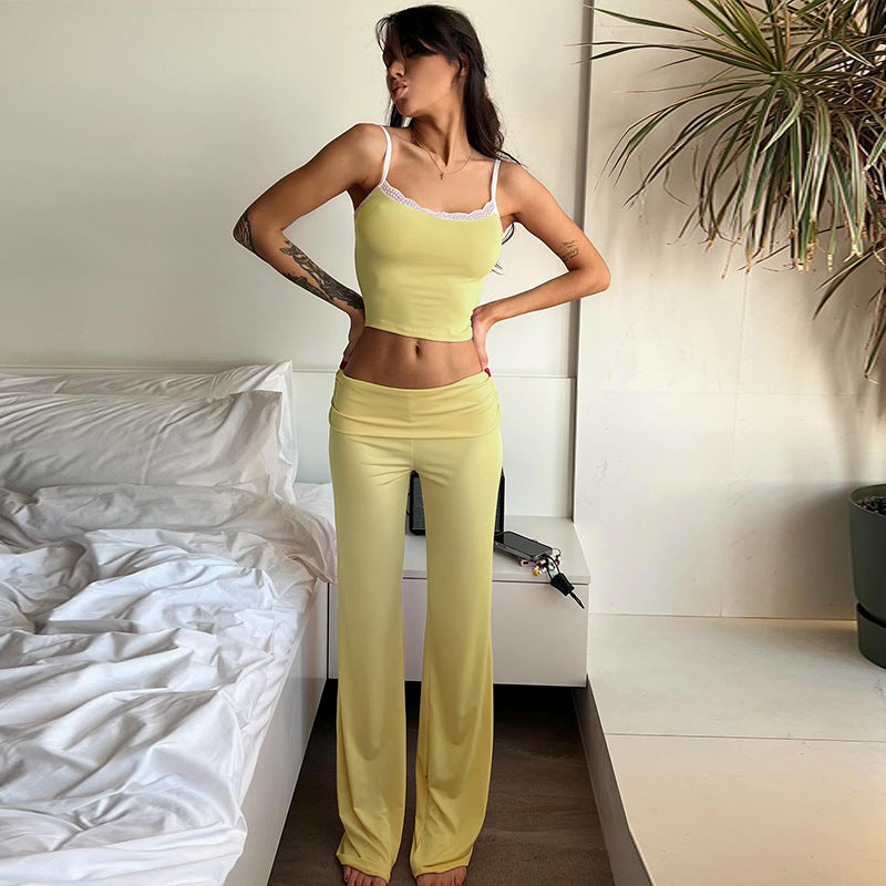 Damen elegantes Lounge-Set mit tailliertem Top und weitem Hosenbein Drune