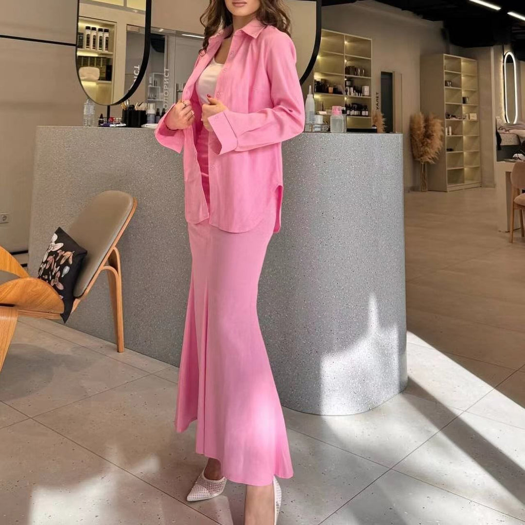 Damen Zweiteiliges Set Schlauchmaxirock mit ausgestelltem Saum und Oversize-Hemd Drune