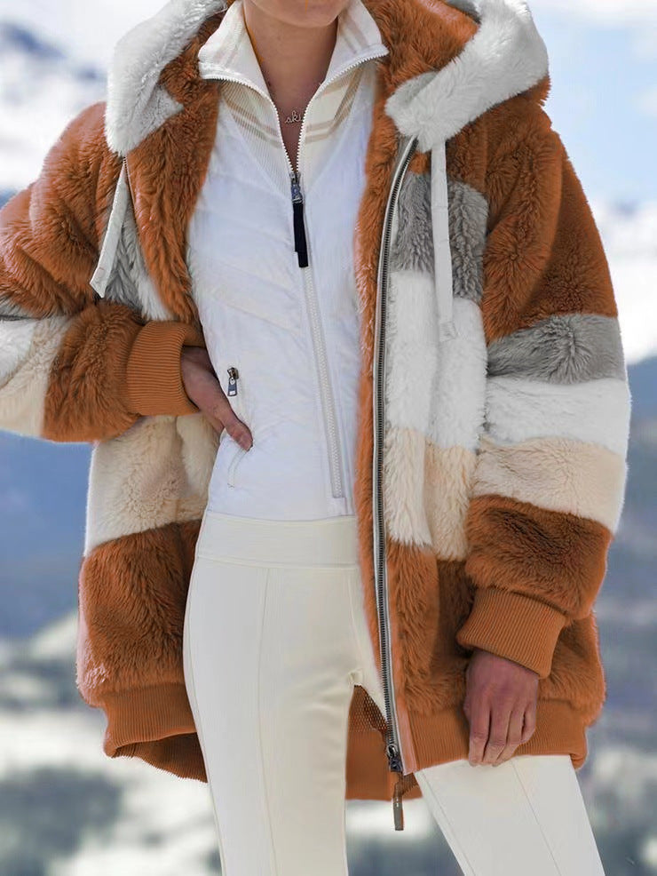 Damen nan oversized gefütterte Kunstfelljacke mit Kapuze, Blockstreifen und gerippten Bündchen Drune