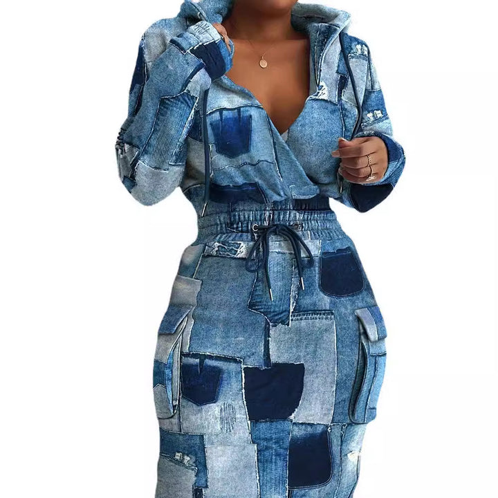 Damen Kapuzen Sweatkleid mit V-Ausschnitt, Kordelzug-Taille und Cargo-Taschen Drune