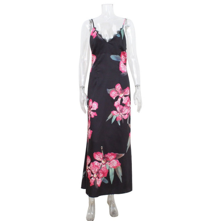 Damen Maxikleid mit floralem Seiden-Effekt und feinen Spaghettiträgern Drune