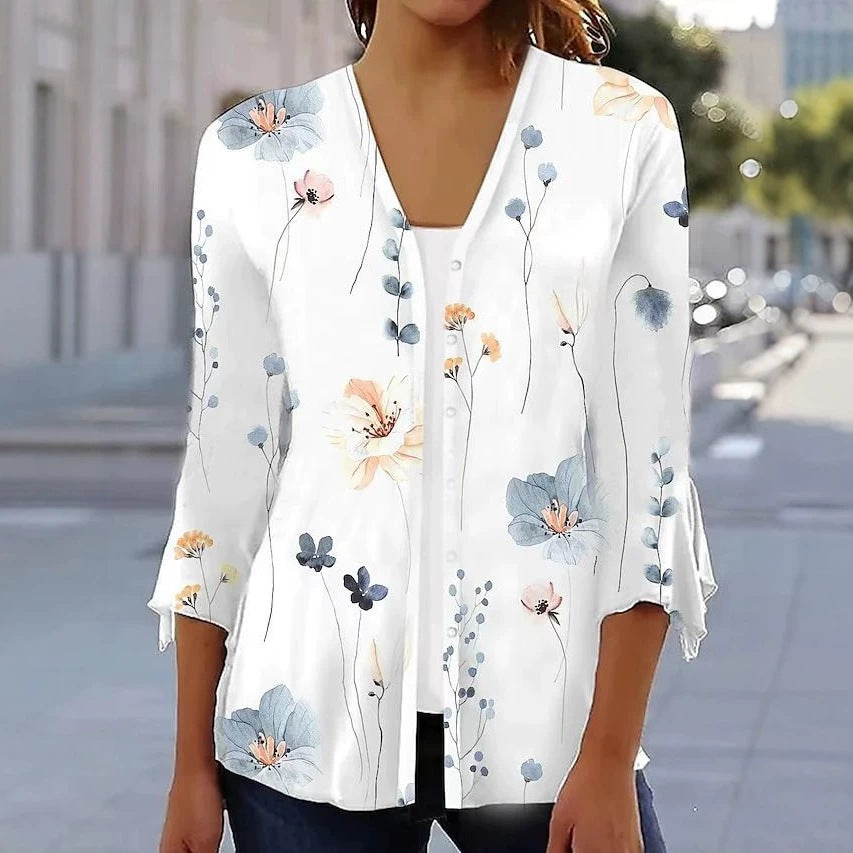 Damen nan leichte Chiffonbluse mit Aquarellblumenprint, V‑Ausschnitt, Knopfleiste und dreiviertelärmeln Drune