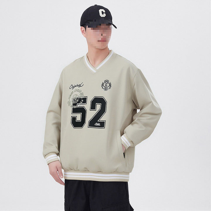 Herren Oversize V‑Ausschnitt Sportsweatshirt im College‑Look mit gestreiften Bündchen Drune