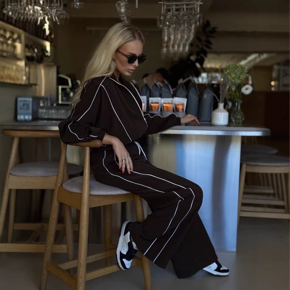 Damen kurzes Samt-Zip-Hoodie mit Tunnelzug und fließender Palazzo-Jogginghose Drune