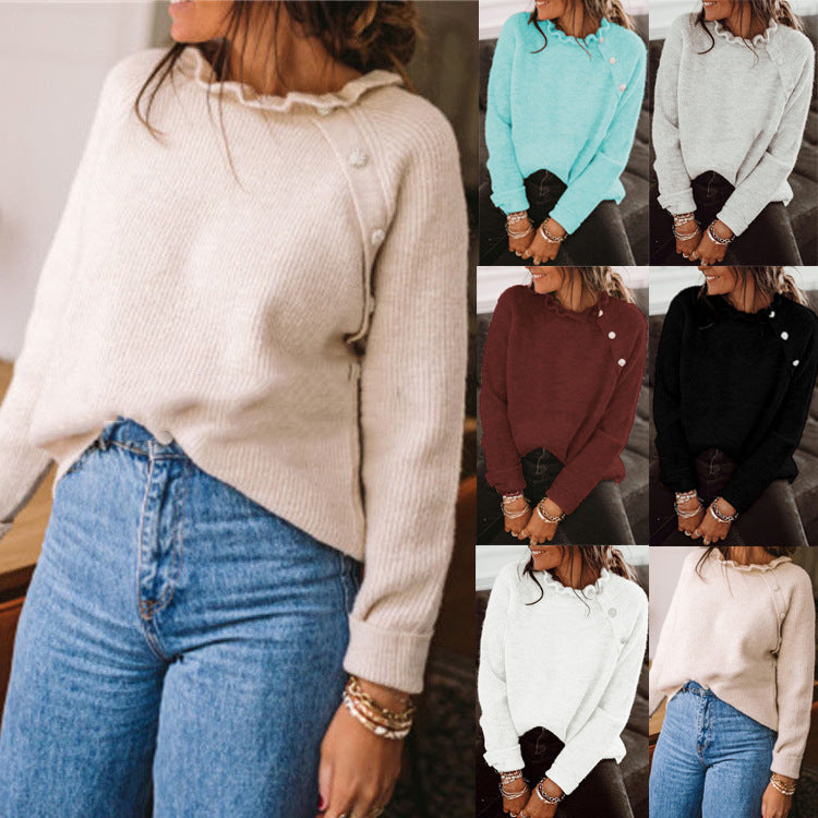 Damen Rippstrickpullover mit Rüschenkragen und seitlicher Knopfleiste Drune