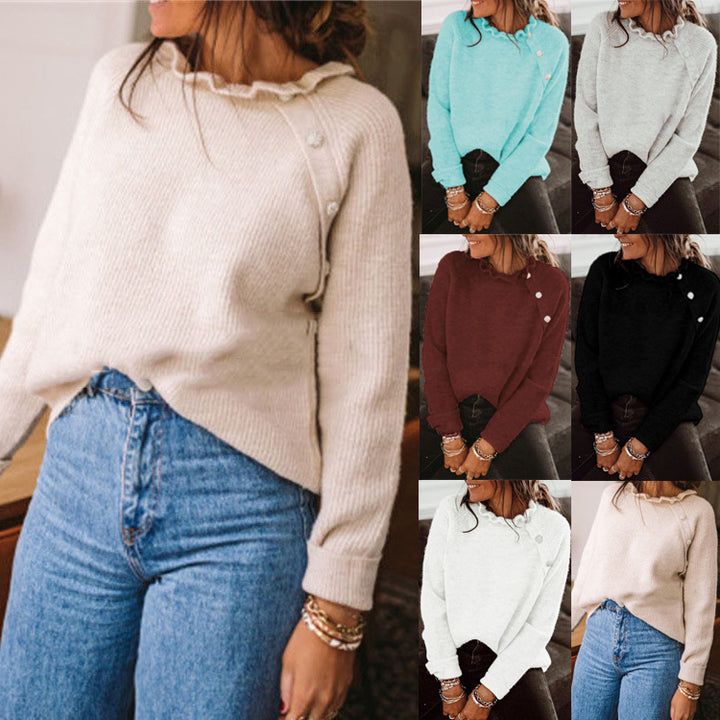 Damen Rippstrickpullover mit Rüschenkragen und seitlicher Knopfleiste Drune