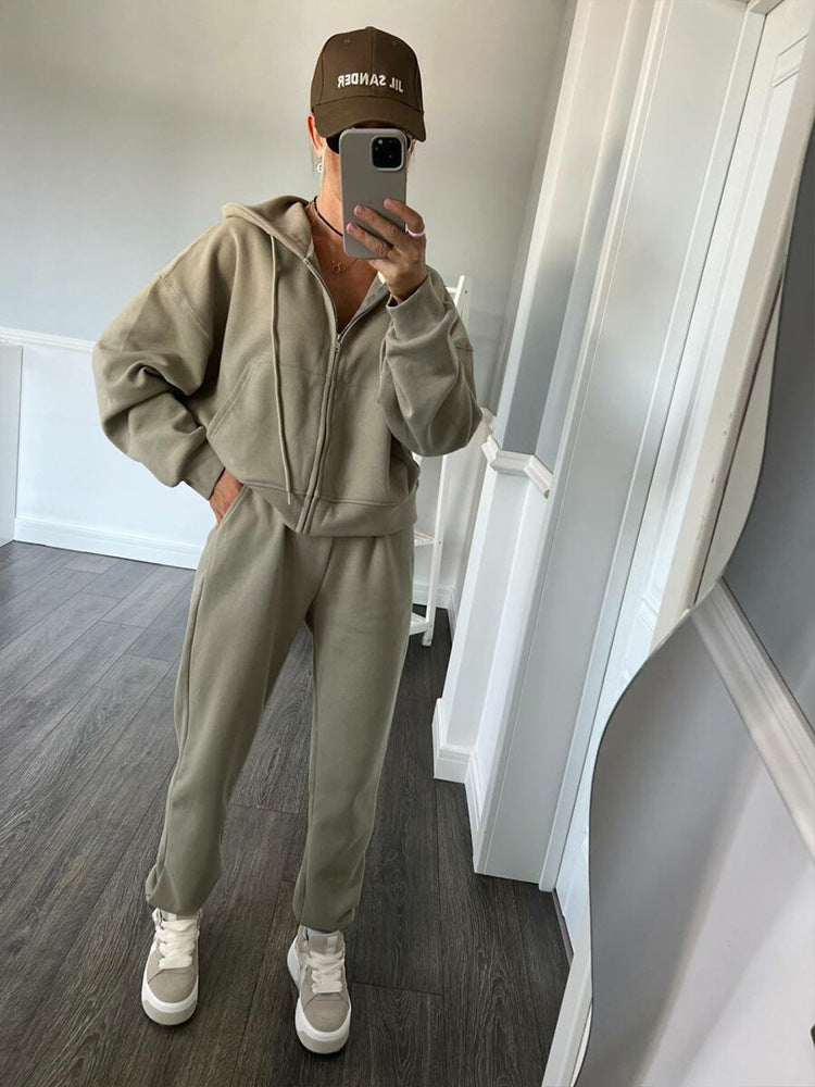 Damen lässiges Kapuzen-Sweatshirt und Jogginghose Set in Oversize-Passform mit Reißverschluss und Kängurutasche Drune