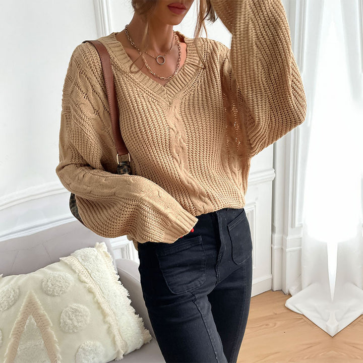 Damen Grobstrick Oversize-Pullover mit Zopfdetail und weitem V-Ausschnitt Drune