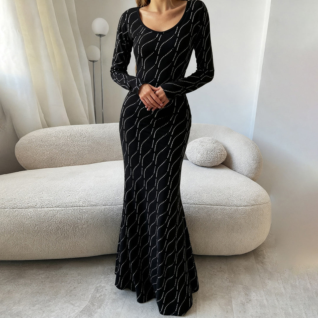 Damen nan langärmeliges Bodycon-Mermaid-Abendkleid mit Wellen-Strassbesatz Drune
