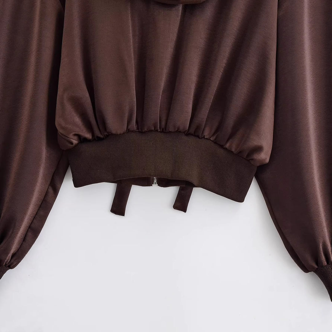 Damen Cropped Hoodie-Jacke mit durchgehendem Reißverschluss, breite Kapuze und taillierendem Rippbund Drune