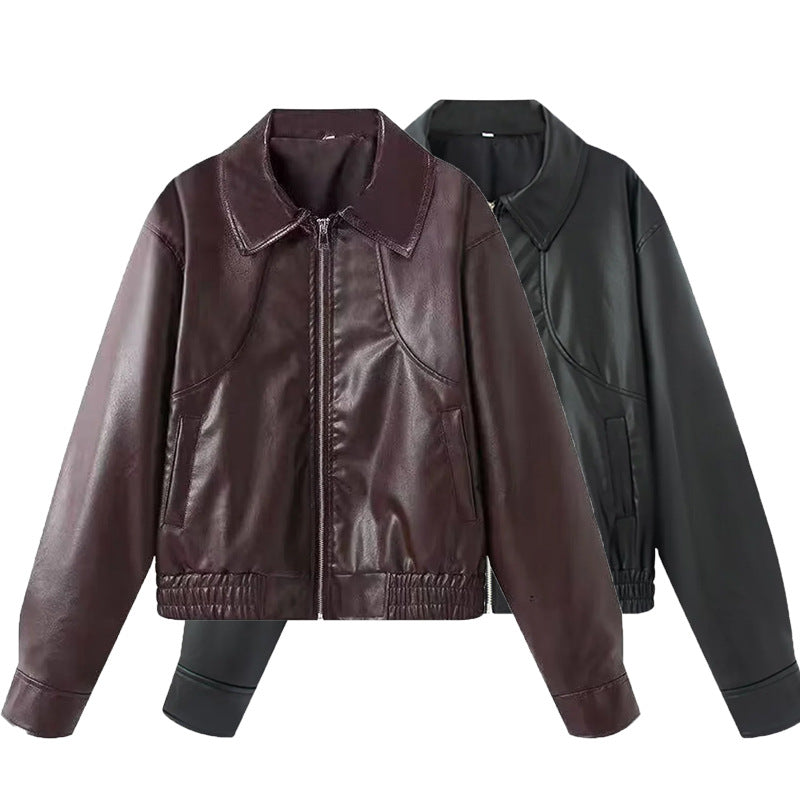 Damen nan Oversize Kunstlederjacke im Bomberstil mit Hemdkragen, kontrastierender Materialoptik und elastischem Saum Drune