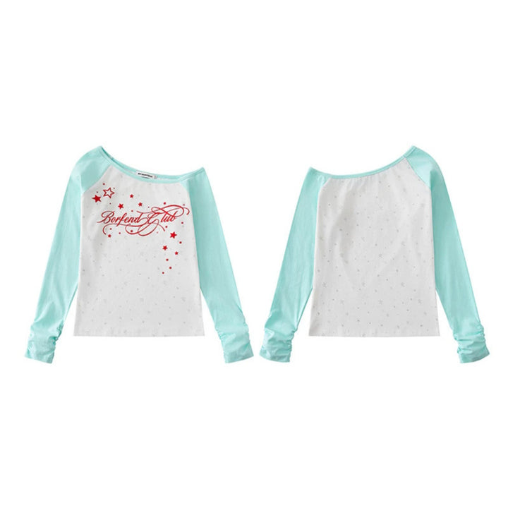 Damen Raglan-Langarmshirt mit U-Boot-Ausschnitt, Sternen-Print und gerafften Ärmeln Drune