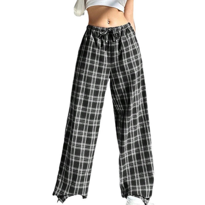 Damen weite Karo-Hose aus angenehmem Baumwollstoff mit Gummibund und seitlichen Taschen Drune