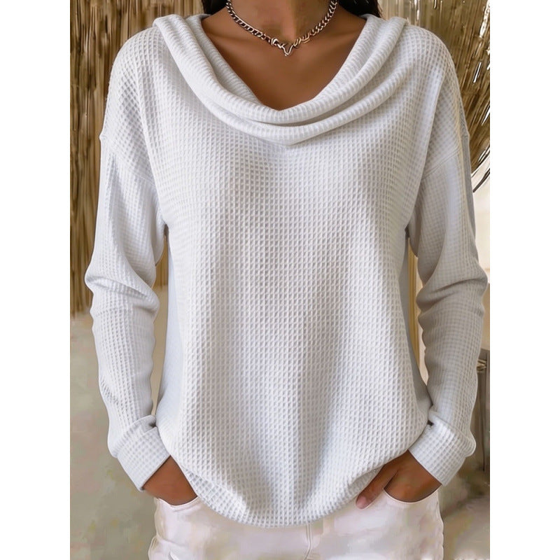 Damen Lässiger Waffelstrick-Pullover mit weitem Wasserfallkragen und gerundetem Saum Drune