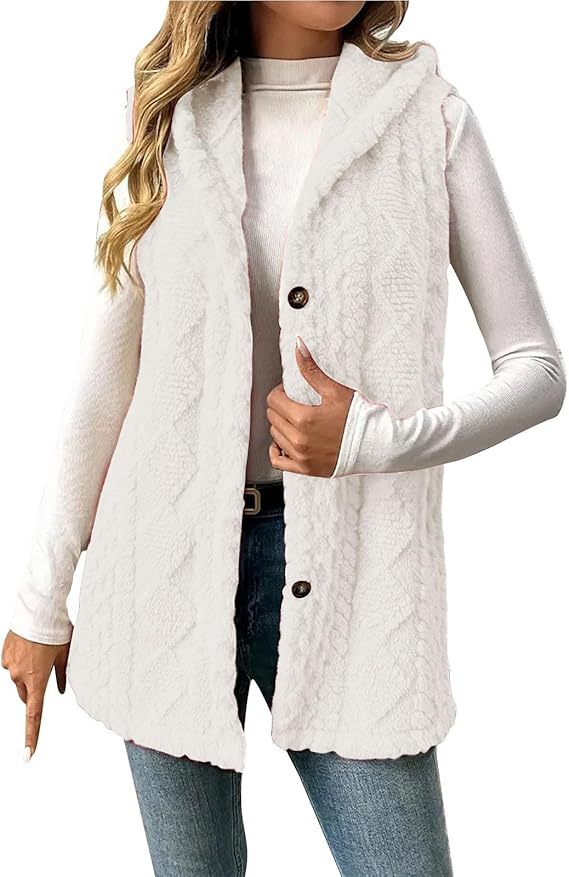 Damen Gefütterte Teddy-Weste mit Kapuze und Knopfverschluss Drune