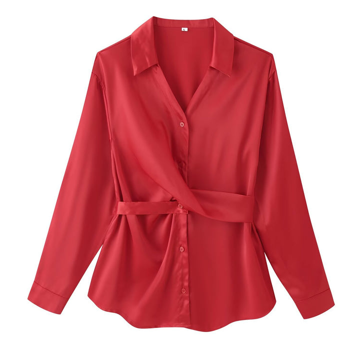 Damen Bluse mit Taillengürtel, V-Ausschnitt und langen Ärmeln Drune