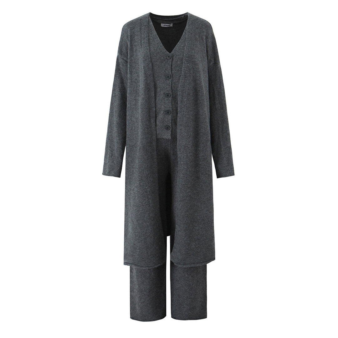 Damen elegantes Strickset mit langem Cardigan, Knopfleiste und weit geschnittenen Hosen Drune