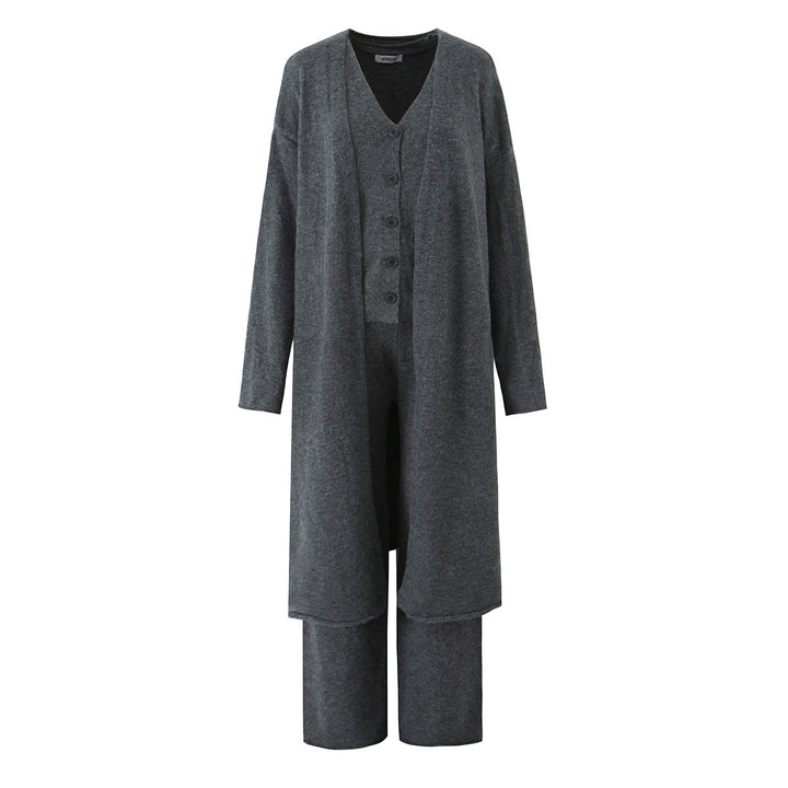 Damen elegantes Strickset mit langem Cardigan, Knopfleiste und weit geschnittenen Hosen Drune