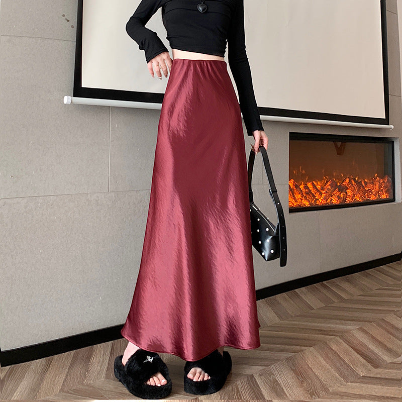 Damen nan eleganter Midirock aus Satin mit A-Linie und nahtlosem Bund Drune