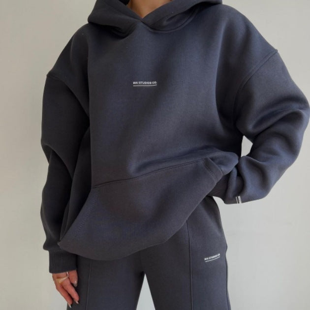 Damen Set Schwere French‑Terry Oversize‑Kapuzenpullover mit Kängurutasche und Slim‑Jogginghose Drune