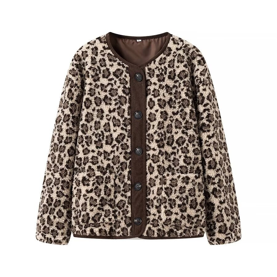Damen nan Lammfellimitat Jacke mit Leopardmuster, Cordbesatz, durchgehender Knopfleiste und aufgesetzten Taschen Drune