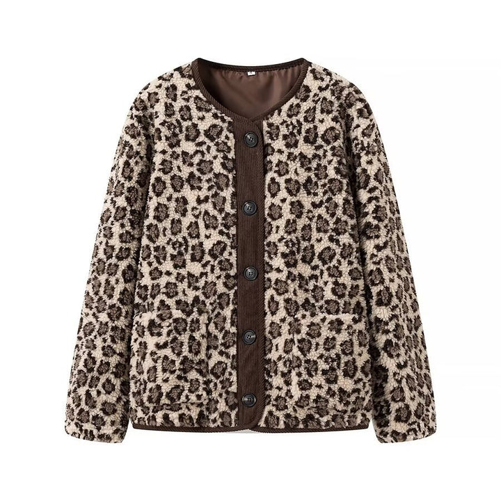 Damen nan Lammfellimitat Jacke mit Leopardmuster, Cordbesatz, durchgehender Knopfleiste und aufgesetzten Taschen Drune