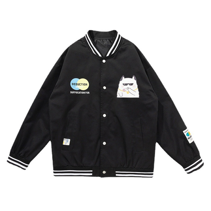 Herren Lässige College‑Bomberjacke im Windbreaker‑Stil mit Cartoon‑Patch und gestreiften Rippbündchen Drune