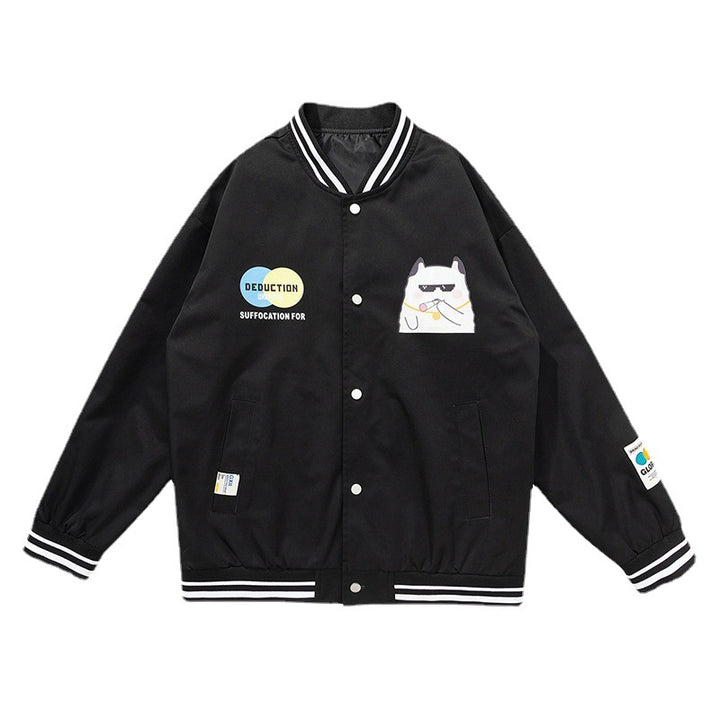 Herren Lässige College‑Bomberjacke im Windbreaker‑Stil mit Cartoon‑Patch und gestreiften Rippbündchen Drune
