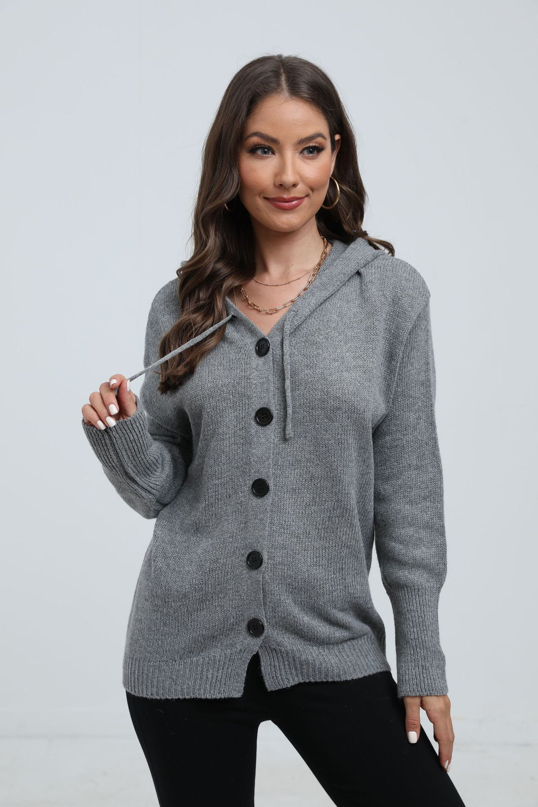 Damen Kuschelige Kapuzenjacke mit großen Knöpfen und lässigem Schnitt Drune
