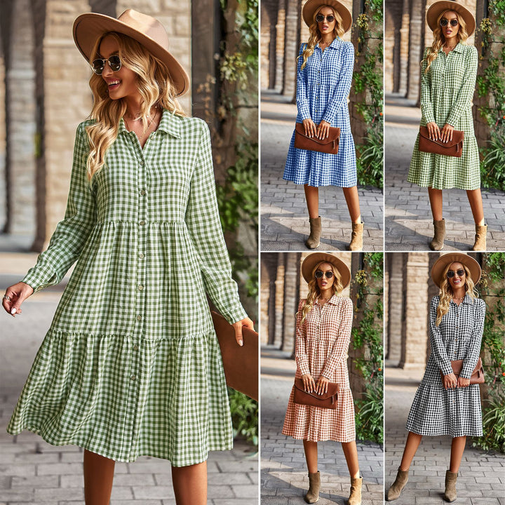 Damen karierte Midi-Bluse mit Knopfleiste und ausgestelltem Rock Drune