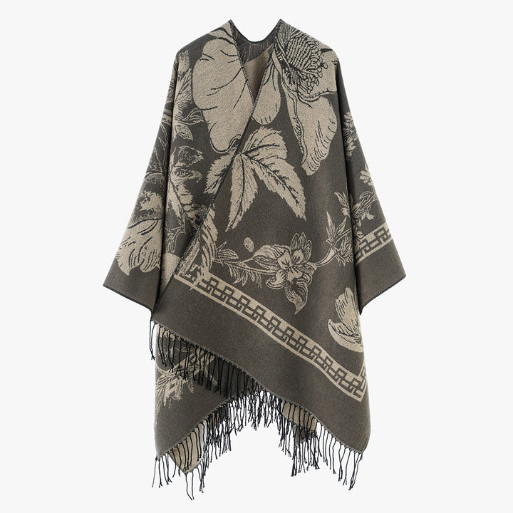 Damen Leichter Jacquard‑Poncho mit floralem Allovermuster, asymmetrischem Zipfelsaum und Fransen Drune
