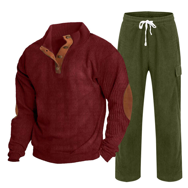 Herren nan strukturiertes Feinstrick-Halbknopf-Pullover und Feincord-Cargo-Zweiteiler Drune